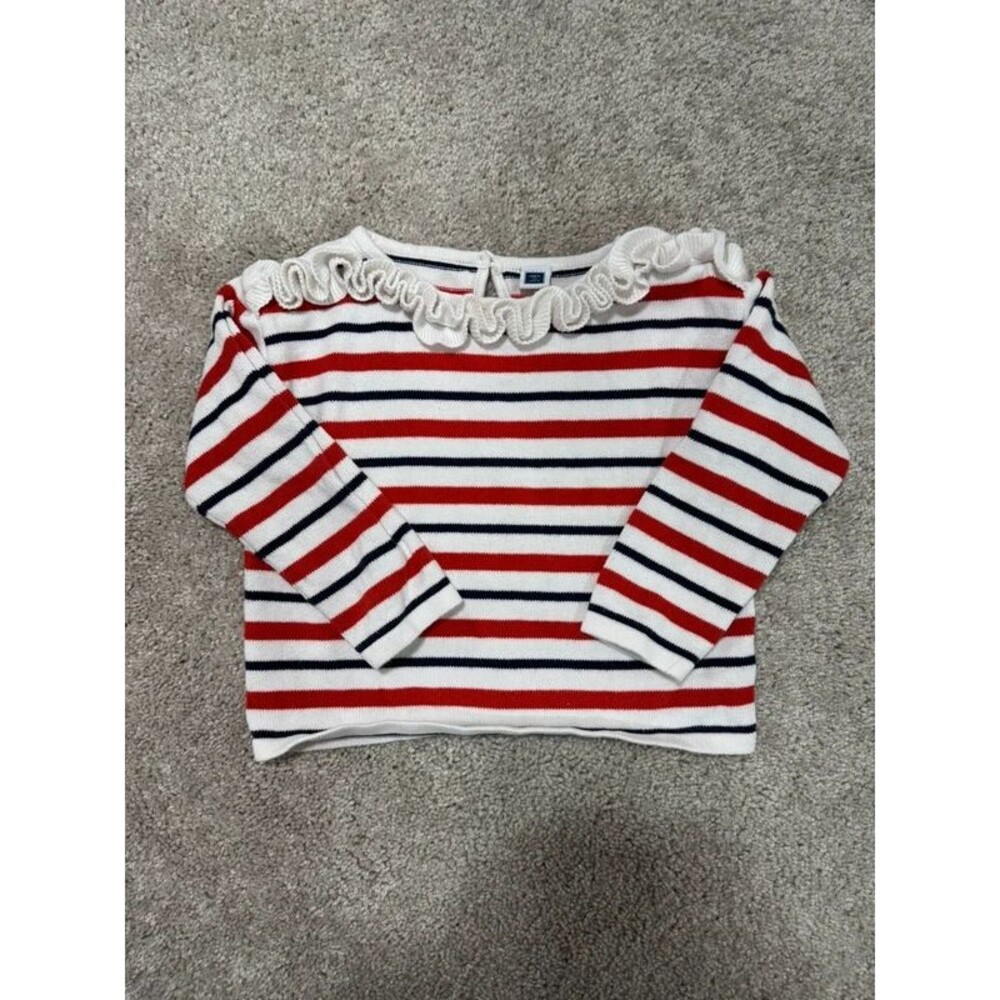 Janie and Jack Girls Red, White, and Navy Striped Ruffle Neck Sweater Size 3